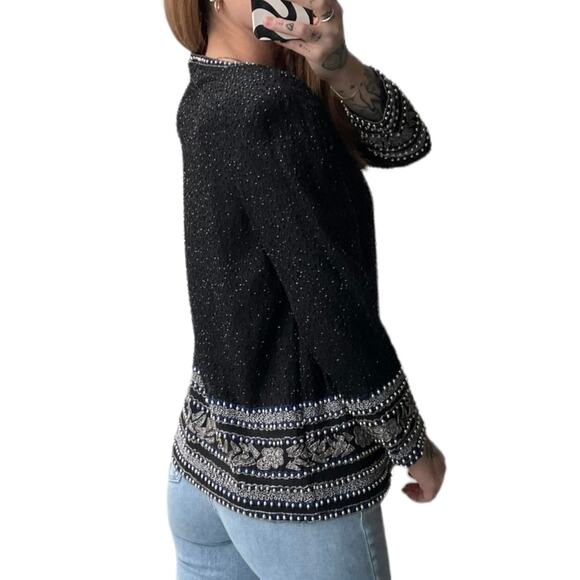 90s Vintage Beaded 100% Silk Evening Jacket Size S Black Blue Party Glam - Picture 3 of 15